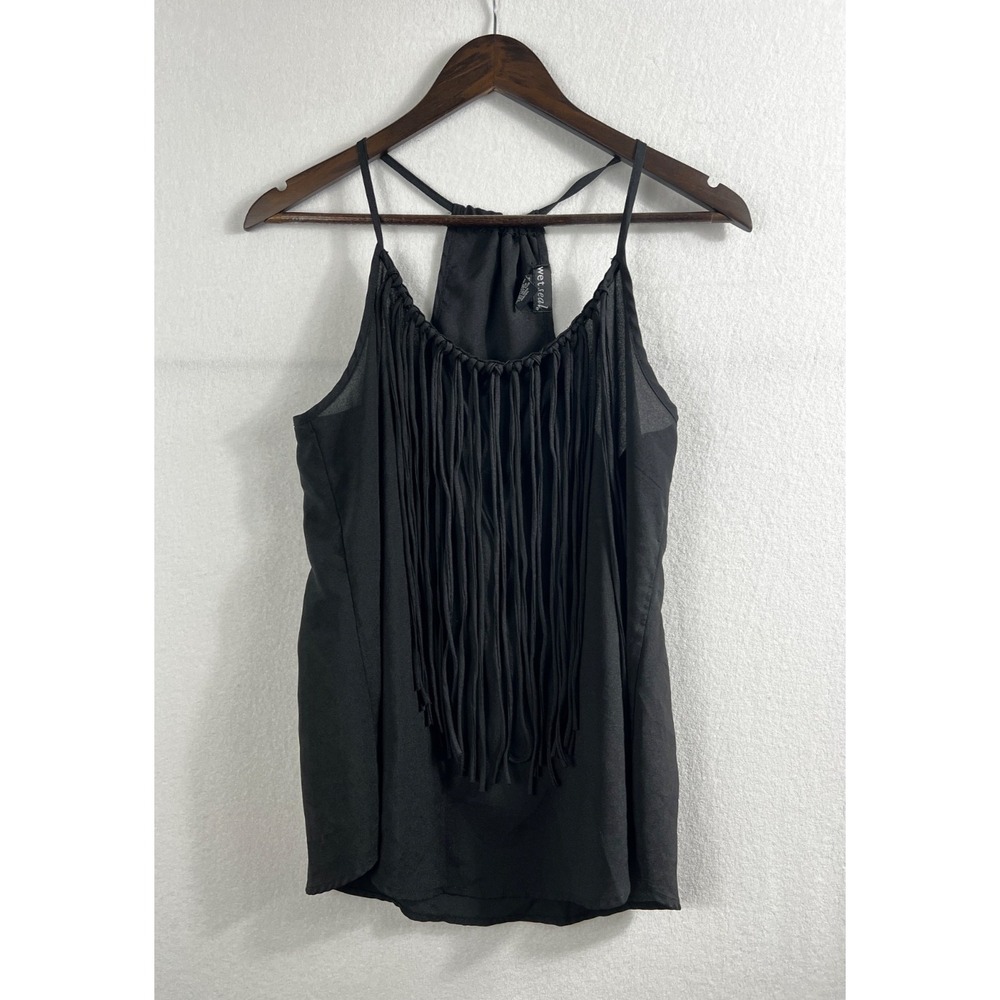 Wet Seal Y2K Womens L Halter Top Black Fringe Front Western Cowgirl‎ Country